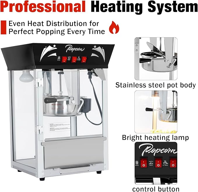 Commercial Popcorn Machine 12Oz with Warming Light, Makes 60 Cups, Theater Style Stainless Steel Popper with Tempered Glass - for Home Theater, Parties & Business, Black