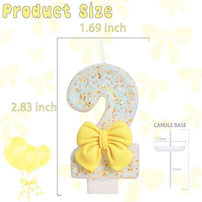 Birthday Candle for Cake, Yellow Bow Cake Candles, Cake Topper Decoration for Birthday Party (Number 2)