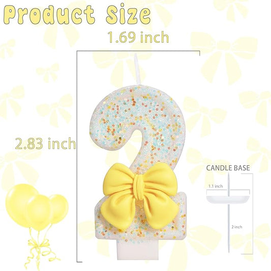 Birthday Candle for Cake, Yellow Bow Cake Candles, Cake Topper Decoration for Birthday Party (Number 2)