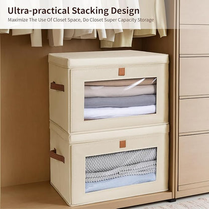 Large Closet Storage Bins - Collapsible Storage Bins with Handles & Window, Decorative Boxes with Lids, Fabric Cubes for Living Room, Dorm, 1 Pack, Beige