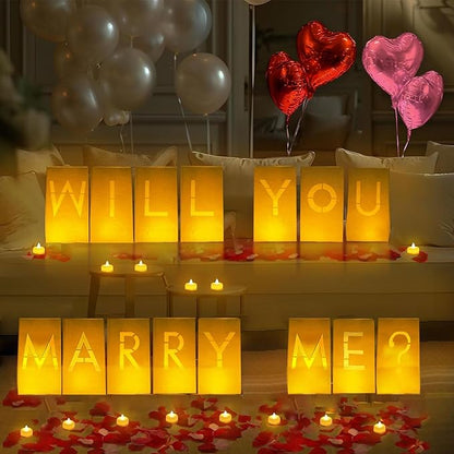 Will You Marry Me Lighted Letters Sign 15pcs Luminary Paper Bags 2200pcs Red Pink Artificial Rose Petals 48pcs Flameless LED Candle Tealight 15pcs Heart Balloons Romantic Night Valentine's Day