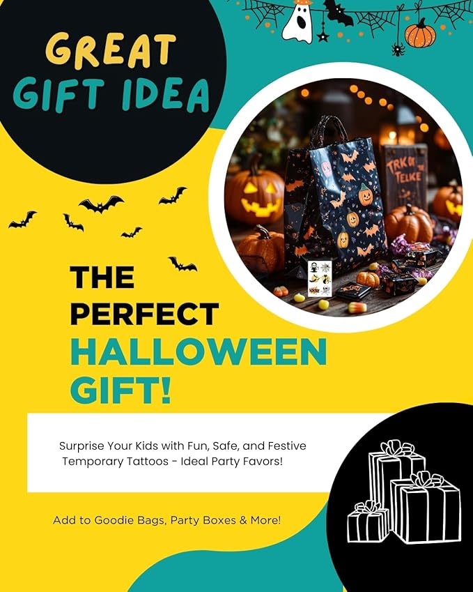 Halloween Temporary Tattoos for Kids - 144 Pack, 2" Size, Pumpkin, Skull, Ghost, Monster Designs | Boys & Girls Halloween Party Favors, 12 Unique Designs