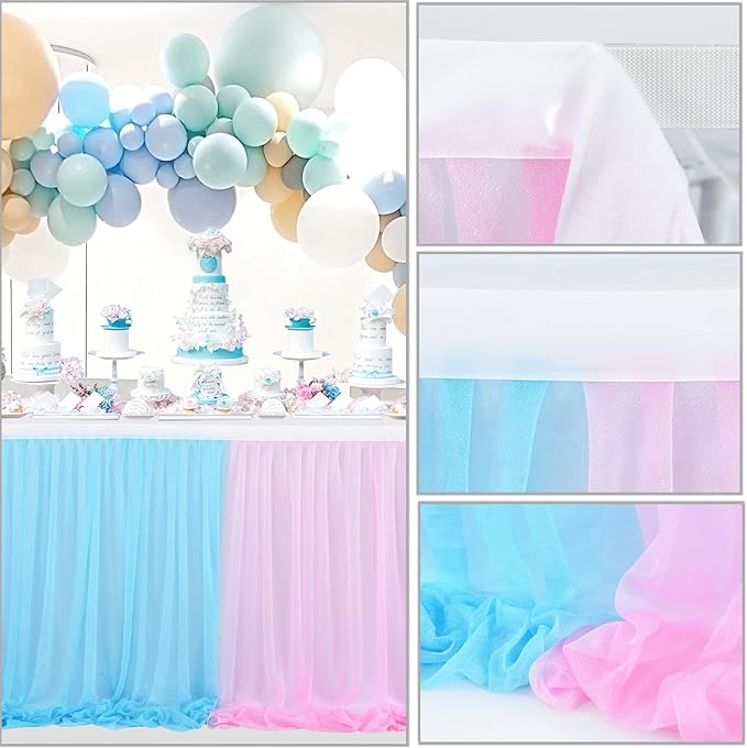 Pink Blue Tulle Table Skirt Gender Reveal Tutu Table Skirts for Baby Shower Girl Boy Birthday Party Cake Dessert Banquet Table Decorations 9ft