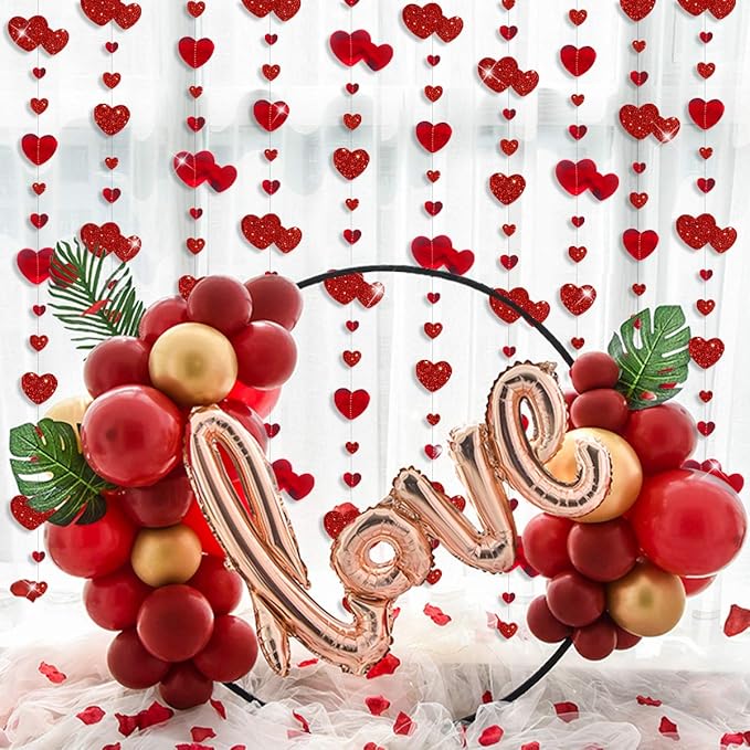 pinkblume Valentines Day Party Decoration Red Heart Garland Metallic Glitter Hanging Heart Streamer Banner for Anniversary Mother's Day Engagement Wedding Bridal Shower Bachelorette Hen Party Supplies