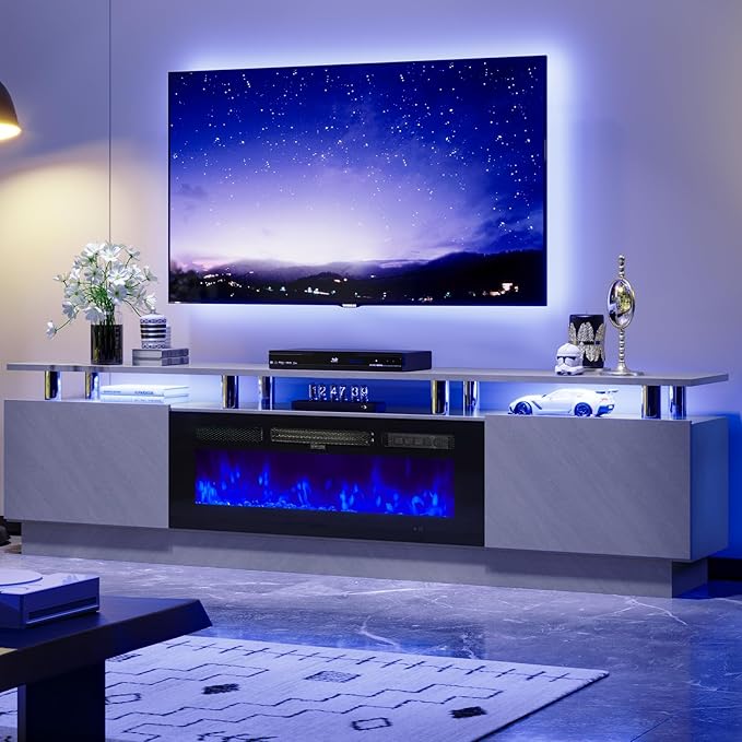 80" TV Stand & Entertainment Center, Media Console with Storage Cabinet, Fits TVs up to 90", Modern Living Room Furniture, 36" Electric Fireplace (Grey+Black)