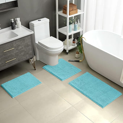 HOMEIDEAS 3 Pieces Bathroom Rugs, Ultra Soft Non Slip Absorbent Chenille Toilet Bath Mat Set (Aqua Blue)