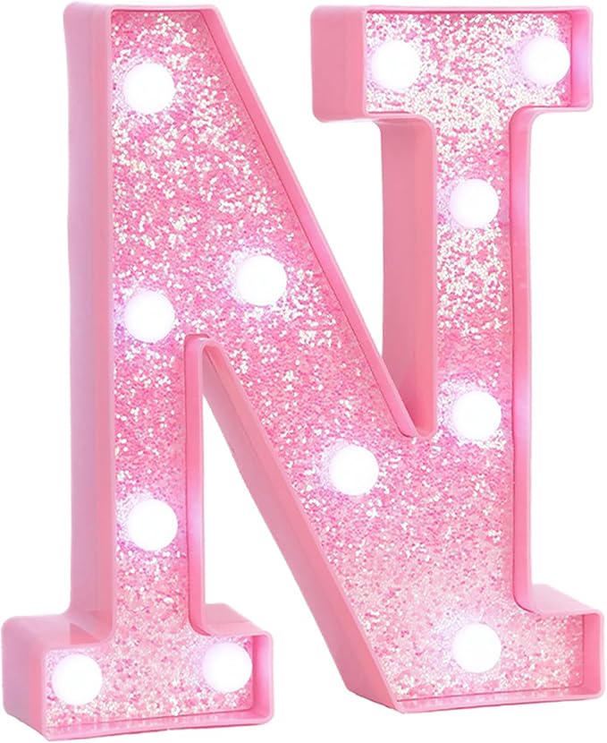Pink LED Marquee Light Up Letters, Glitter Alphabet Letter Lights for Birthday Party Decorations, Battery Operated Letter Signs for Girls Room Table Decor, Pink letter N with Cool White Lights