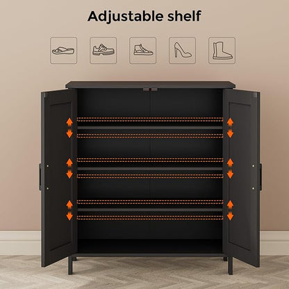 Farmhouse Shoe Cabinet with 2 Barn Doors & Wood Legs, 5-Tier Shoe Storage Cabinet with 3 Adjustable Shelves, Tall Shoe Rack Organizer for Closet, Shoe Organizer for Entryway, Hallway, Black