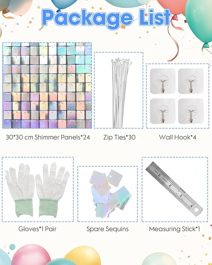 Iridescent Silver Shimmer Square Sequin Wall Panel Backdrop Decoration for Wedding,Anniversary,Birthday,Party,Photo Backdrop,24 Panels Cover 6 x 4 Ft