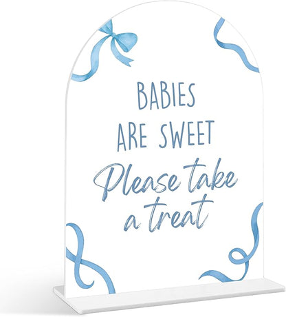 Babies Are Sweet Please Take a Treat Sign - Blue Bow Baby Shower Sign, 1 Pack Arch Acrylic Sign with Stand, Gender Reveal Party Table Decor, Blue Baby Shower Supplies (SP08)
