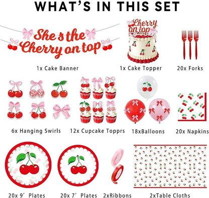 143PCS Cherry Birthday Party Decorations, She's The Cherry On Top Party Supplies Plates and Napkins Set, Tableware,Banner, Hanging Swirls, Tablecloth, Cake Cupcake Topper, Wedding Bridal Baby Shower