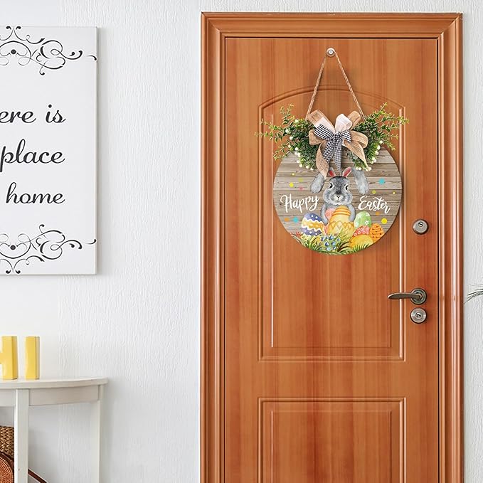 Harooni Rustic Wooden 12x12in Happy Easter Door Sign with Bow, Bunny & Easter Eggs, Perfect for Front Door, Wall, Window, Indoor/Outdoor Use