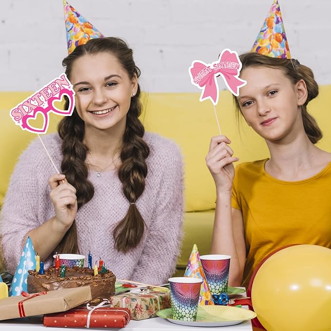 16th Birthday Party Photo Booth Props, Hot Pink Photo Booth Props for Girls 16th Birthday, Sweet Sixteen 16th Happy Birthday Party Decorations Supplies Favors