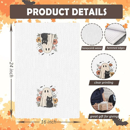 Floral Halloween Black Cat Kitchen Towels, for Women Dish Tea Towels for Kitchen Decor, Cute Ghost Black Cat Wildflower Decorative Hand Towel for Bathroom, 16x24 Inches