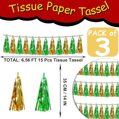 3P Sage-Green Gold Tassel Banner Garland Metallic Foil Fringe Banner Tinsel Tassels Streamer Banner Backdrop for Parade Floats, Graduation Decorations, Woodland Party Decoration