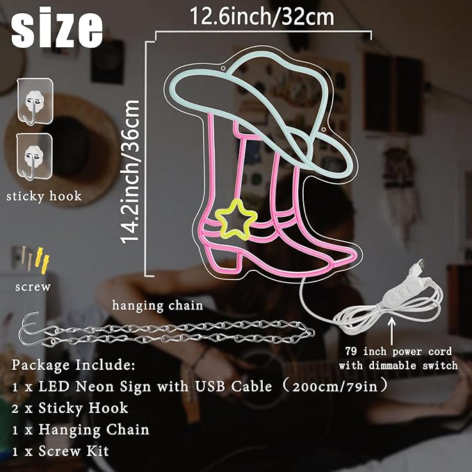 Cowboy Boot Neon Sign, Neon Cowboy Hat Sign,LED Pink Western Cowgirl Boots Neon Lights Sign for Wall Decor, Cowboy Hats Neon Light Up Signs USB Powered for Bedroom Art, Game Room Party, Birthday Party, Christmas