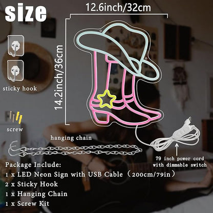 Cowboy Boot Neon Sign, Neon Cowboy Hat Sign,LED Pink Western Cowgirl Boots Neon Lights Sign for Wall Decor, Cowboy Hats Neon Light Up Signs USB Powered for Bedroom Art, Game Room Party, Birthday Party, Christmas