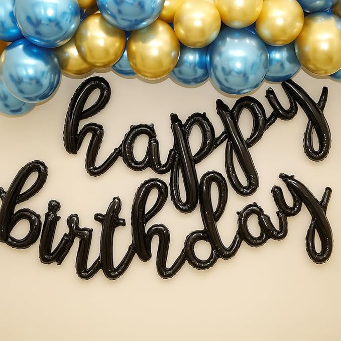 Black Happy Birthday Balloons Banner | Script/Cursive Silver Letter Balloon Sign for Birthday Party Decor/Decoration | Foil Mylar Happy Birthday Banner