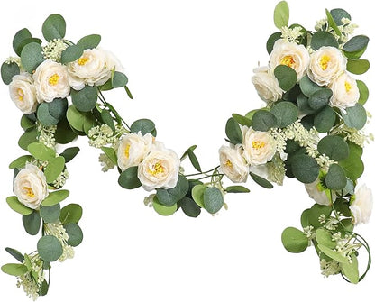MAKHOT 2PCS 6.6Ft Artificial Eucalyptus Garland, Green Vines and Champagne Artificial Roses Combined to Form an Artificial Rose Garland for Wedding, Table, Party, Fireplace, and Home Decor.