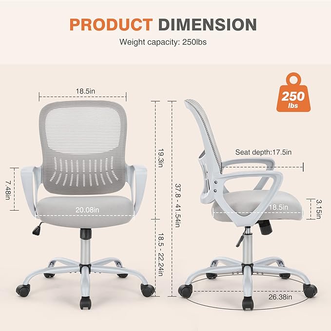 Sweetcrispy Ergonomic Mid-Back Mesh Home Office Desk Chair with Wheels, Lumbar Support, and Comfortable Armrests for Home, Bedroom, Study, Office