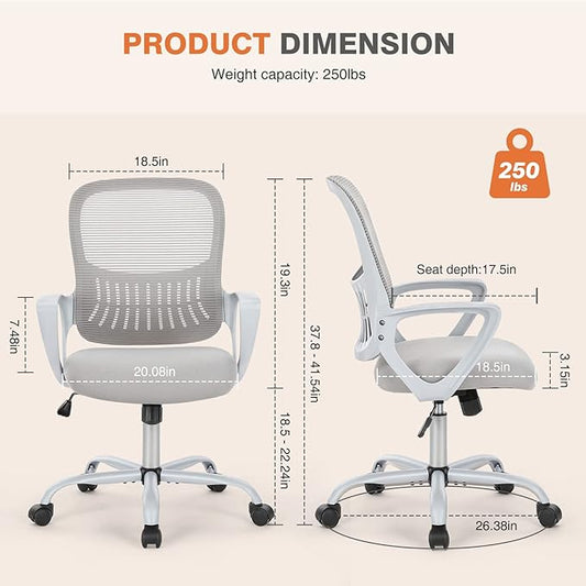 Sweetcrispy Ergonomic Mid-Back Mesh Home Office Desk Chair with Wheels, Lumbar Support, and Comfortable Armrests for Home, Bedroom, Study, Office
