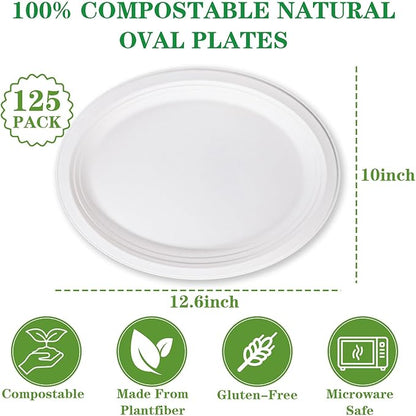 DaYammi 100% Compostable Oval Paper Plates 12 Inch, 125-Pack Heavy Duty Paper Plates Bulk,Biodegradable Bagasse,Eco-Friendly Disposable Dinner Plate for BBQ,Picnic,Party (BPI Certified,Microwaveable)