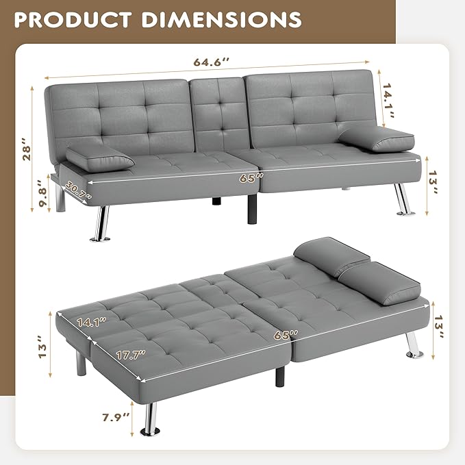 Homall Futon Sofa Bed, Leather Futon Couch with Removable Armrests, Adjustable Recliner Sleeper Sofa Bed with Dual Cup Holders for Living Room, Apartment, Office (Gray)