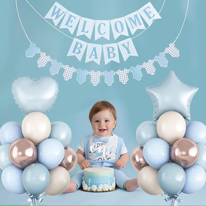 Dusty Blue Baby Shower Decorations Oh Welcome Baby Boys Balloon Set with Star Heart Foil Balloons Bunting Banner Bodysuit Garland Boho Pastel Blue Gold White Sand Gender Reveal Party Decor for Girls