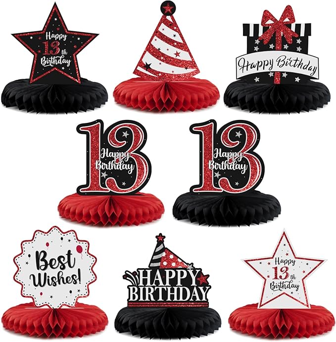 Happy 13th Birthday Decorations,13th Birthday Red Glitter Shiny Stand Honeycomb Table Centerpieces - Cheers to Thirteen Years Old Birthday Party Photoprop Gift Sign.