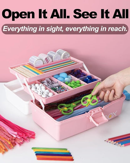 12in 3-Layer Plastic Craft Organizers and Storage, Portable Folding Tackle Box with Handle & Adjustable Dividers, Multipurpose Case for Sewing, Art Supplies, Medicine, Tools (White Pink)