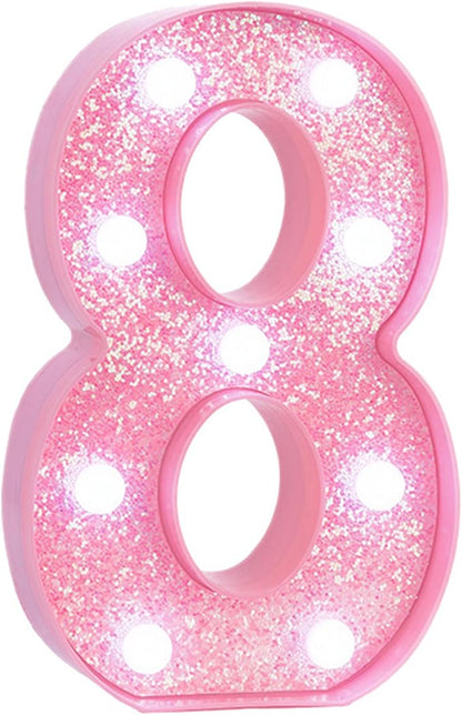 Pink LED Light Up Marquee Numbers, Glitter Lighted Numbers Signs Battery Operated for Girls 8th 18th Birthday Party Decorations, Pink Room Table Top Wall Decor, Number 8 with Cool White Lights