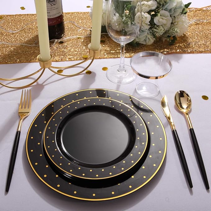 I00000 102 Pcs Clear Black Plastic Plates, Black Disposable Party Plates Include 51 Dinner Plate 10.25’’ and 51 Dessert Plate 7.5’’, Halloween Plates Perfect for Wedding, Party & Halloween