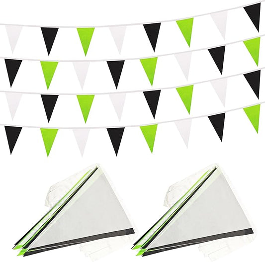 100 Ft White Black Green Pennant Banner Flag, 60 Pcs String Hanging DIY Bunting Flags for Party, School, Wedding, Carnival, Celebrations, Outdoor and Indoor Decorations (White Black Green)