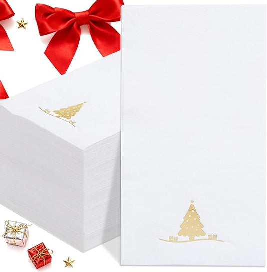100PCS Christmas Gold Napkins Disposable - Heavy Duty Christmas Tree Napkin - Yule Paper Hand Towels - Xmas Gold Napkin for Kitchen Bathroom Noel Parties Dinners and Events