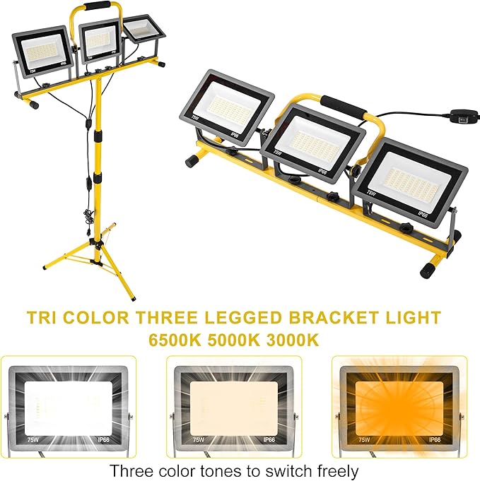 3-in-1 Color Work Lights with Stand, 22500Lm Head LED Work Light, with Adjustable and Foldable Tripod Stand, Waterproof Lamp with 3000 5000 6500 Kelvin Color Temperature