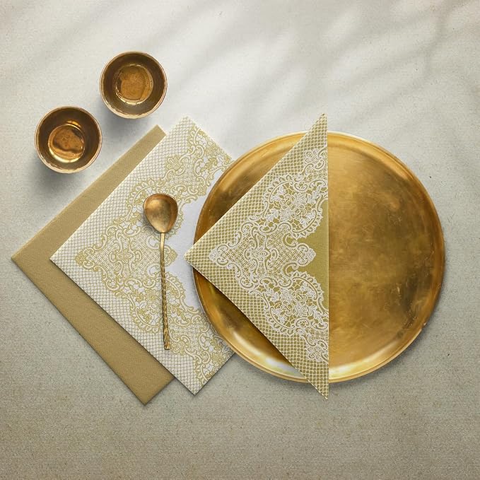 PAW - 50 Pieces Linen-Feel Paper Napkins 16" x 16", Disposable Cloth-Like Napkins with Reverse Gold Lace Design, Dinner Napkins for Party, Wedding, Christmas