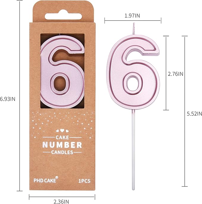 PHD CAKE 2.76 Inch Luxe Rose Gold 6 Number Birthday Candles, Rose Gold Number Candles, Cake Number Candles, Party Celebration