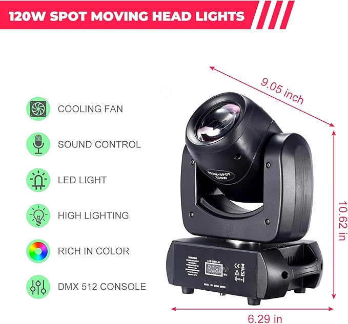 120W LED Moving Head Dj Light Roto Prism Beam Stage Lights 2 Pack, 8 GOBOs 8 Colors DMX 512 12CH Sound for Disco Party Stage Lighting (1)