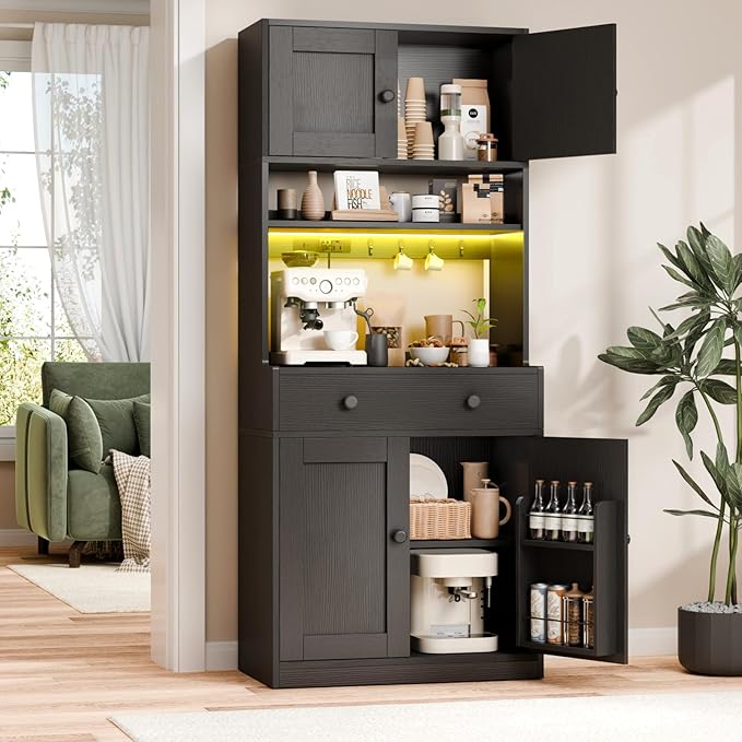 71" Tall Kitchen Pantry Storage Cabinet with Power Outlet & LED Light, Freestanding Food Pantry Cabinet with 4 Doors and Shelves, Cupboard with Drawer, Hutch with Microwave Stand (Black)