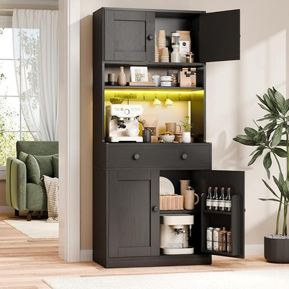 71" Tall Kitchen Pantry Storage Cabinet with Power Outlet & LED Light, Freestanding Food Pantry Cabinet with 4 Doors and Shelves, Cupboard with Drawer, Hutch with Microwave Stand (Black)