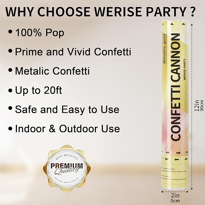 Gold Confetti Poppers Cannon, 6 Pack WERISE Party Gold Mylar Party Poppers Shooters for Birthday, Wedding, Graduation New Year Celebration 12 Inch