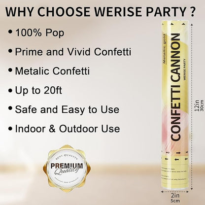 Gold Confetti Poppers Cannon, 6 Pack WERISE Party Gold Mylar Party Poppers Shooters for Birthday, Wedding, Graduation New Year Celebration 12 Inch