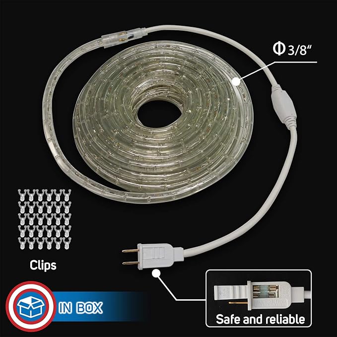 Russell Decor 100ft/30m Led Rope Lights Lamps Kit Indoor Outdoor Decorative Lighting for Party Wedding Trees Backyard Patio Deck Bright Flexible String Tube Lights Waterproof- Cool White
