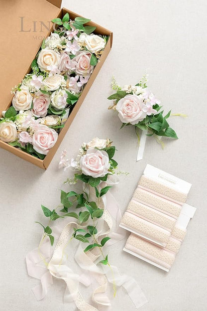 Ling's moment 8pcs Wedding Artificial Aisle Pew Flowers Chair Decorations Arrangements with Chiffon Ribbons Blush Pink Cream for Ceremony Chair Back Floral Decor Reception Church Party Outdoor