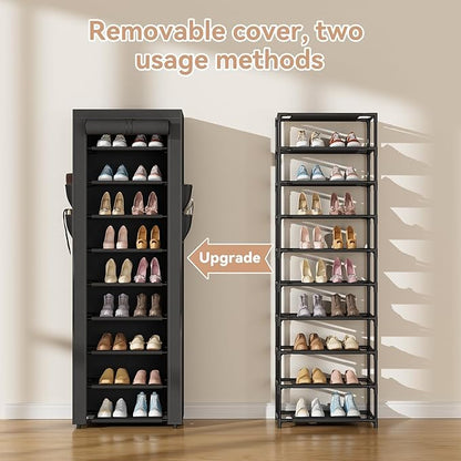LANTEFUL Narrow Shoe Rack with Cover 10 Tier Tall Shoe Rack Organizer Large Capacity Shoe Shelf Storage 18-22 Pairs Space Saving Free Standing Shoe Storage Organizer for Closet, Entryway, Dorm, Black