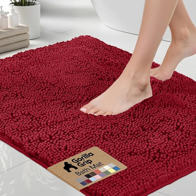 GORILLA GRIP Bath Rug Mat 36x24, Thick Soft Absorbent Chenille, Quick Dry Microfiber Mats, Rubber Backing Washable Shower Floor Rugs, Bathmat Runner, US Designed Bathroom Home Decor Accessories Red