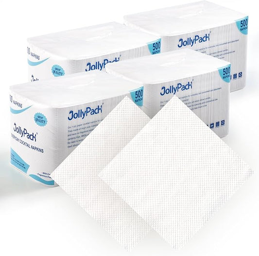 JollyPack 2000 Count White Beverage Napkins - 1-Ply 4.9 x 4.9 Folded Bulk Cocktail Napkins Paper, Lunch Paper for Restaurants, Bar and Party - 9.8 x 9.8 Unfolded