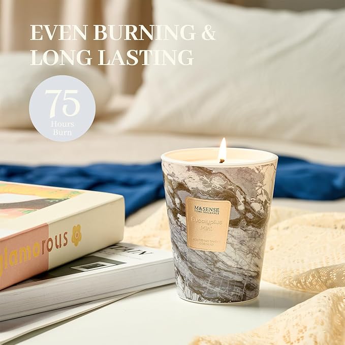 M&SENSE Eucalyptus Mint Scented Candles for Home, 3 Wick Highly Scented Jar Candle, 14.1 Oz 80H Long Lasting Burning Christmas Candle for Women, Aromatherapy Candles for Holiday Christmas Gift