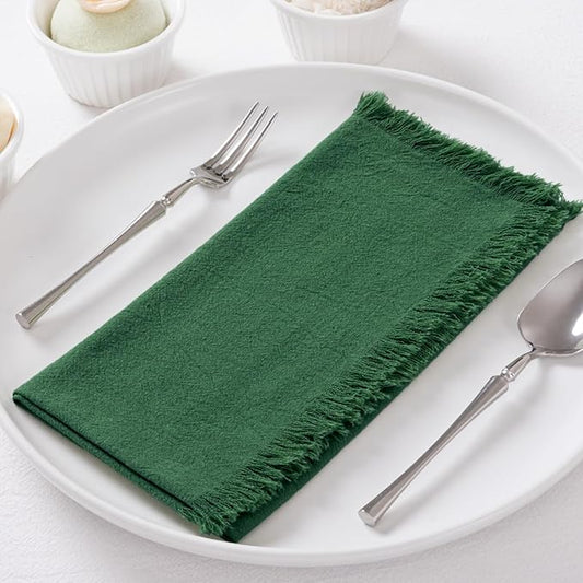 12 Pack Dark Green Cotton Linen Napkins with Fringe Christmas Green Cloth Napkins Set of 12 Boho Handmade Holiday Napkins Bulk for Wedding Baby Shower Christmas, 17 x 17 Inches
