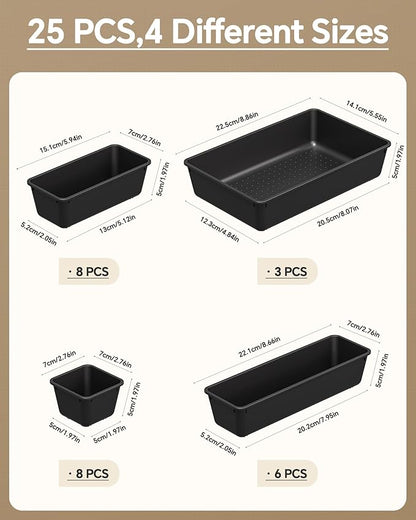 25 PCS Plastic Drawer Organizers Set, 4 Sizes Vanity Organizer, Makeup and Desk Drawer Organizer Trays, Organization and Storage for Makeup, Bathroom, Kitchen Utensils and Office (Black)
